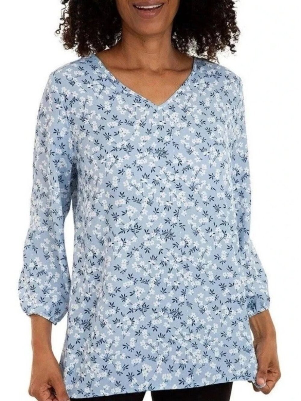 NWT Mario Serrani Women's S Blue Floral V-Neck Top Sleeves Chiffon J2014